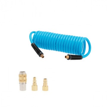 Spiral air hose 10 bar 5 m 1/4" 12 x 8 mm PU with a set of couplings and nipples
